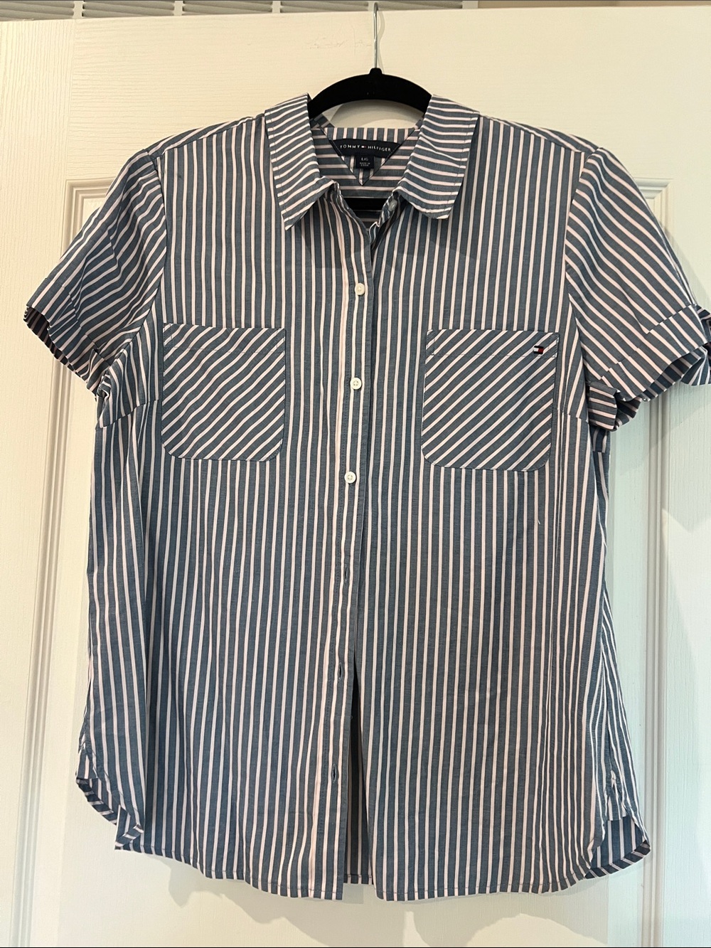 Tommy Hilfiger Navy and White Vertical Stripe Short-Sleeve Shirt